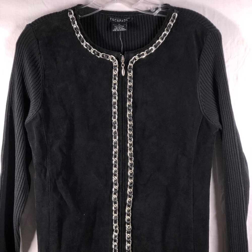 Escapade Jacket Leather & Cotton Ribbon & Chain Detail Black Medium